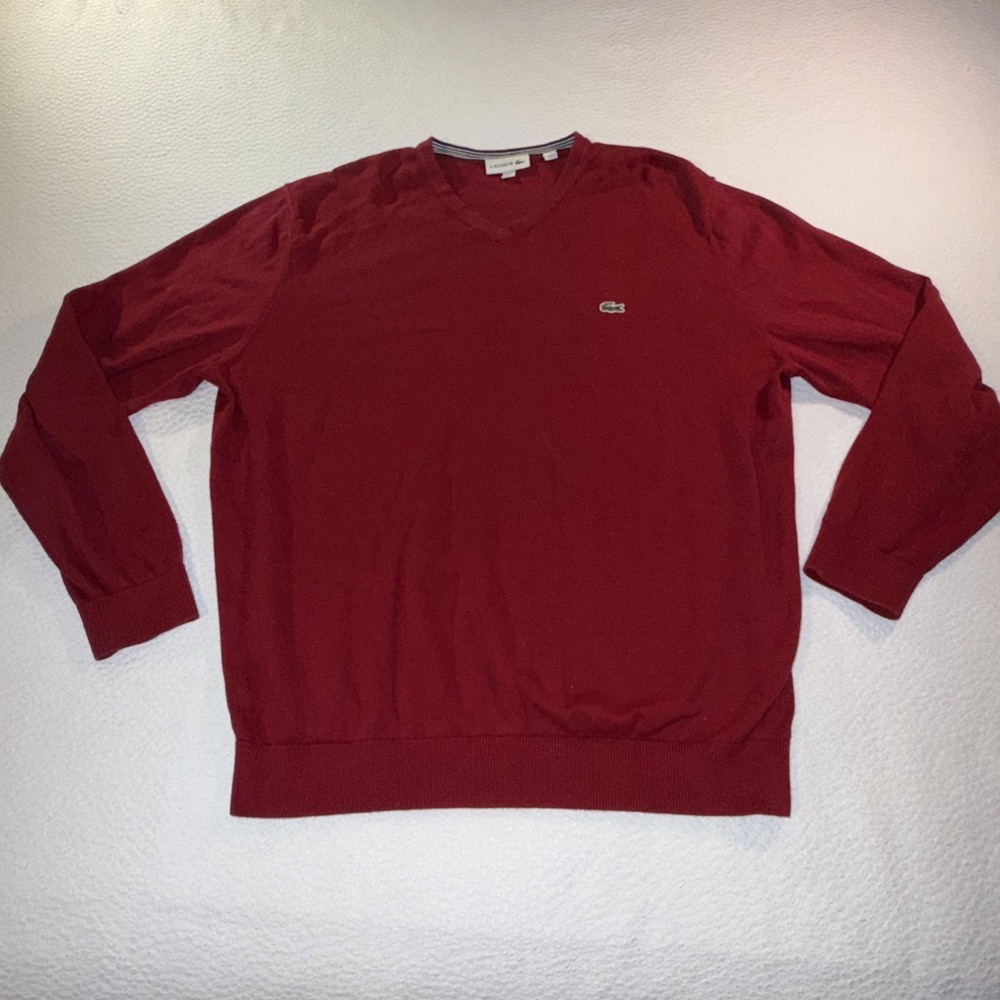 Lacoste V-neck Sweater Mens SZ XL Burgundy Tight Knit 100% Cotton Crocodile Logo